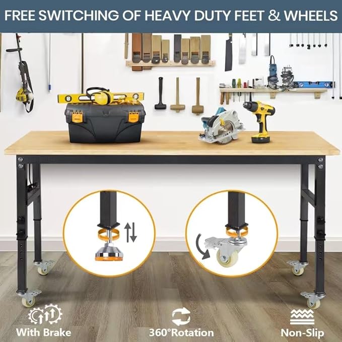 70'' Adjustable Workbench, Rubber Wood Top Work Bench Heavy-Duty Work Table with Socket, Wheels and Fixed Legs 2000 LBS Load Capacity Hardwood Sewing Table for Garage, Workshop, Home, Office