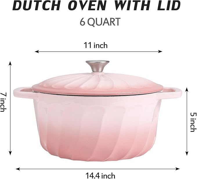 Enameled Cast Iron Dutch Oven with Lid, 6 QT Dutch Oven Pot for Bread Baking, Heavy Duty Cast Iron Pot for Braising, Cook, Bake, Refrigerate Safe across All Cooktops (Gradient Pink,6 QT)