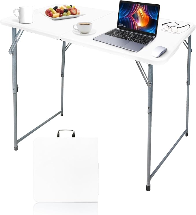 Gocamptoo Folding Table,4ft Indoor Outdoor Heavy Duty Portable Folding Square Plastic Dining Table w/Handle, Lock for Picnic, Party, Camping (4 FT)-White