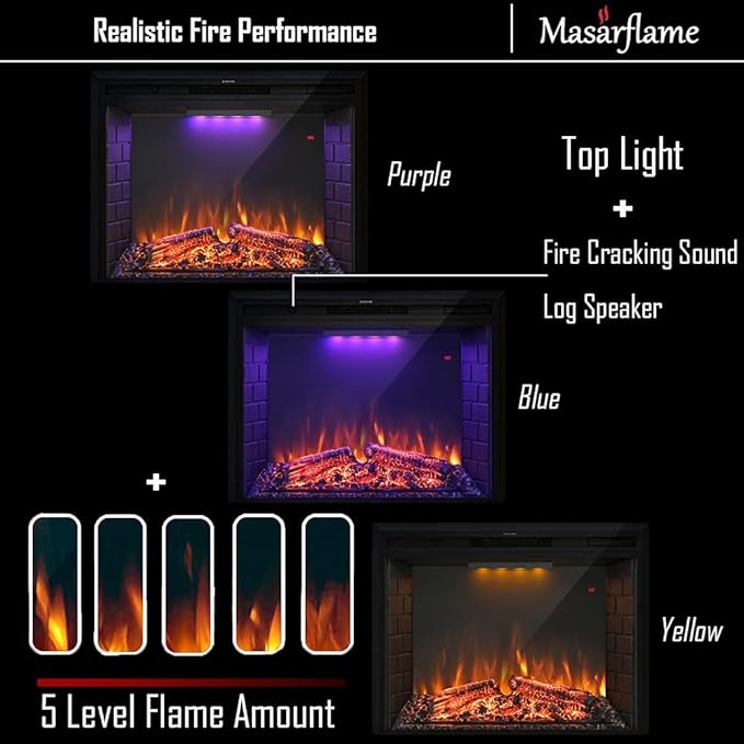 25'' Electric Fireplace Insert, Retro Recessed Fireplace Heater with Fire Cracking Sound, Remote Control & Timer, 750/1500W, Black