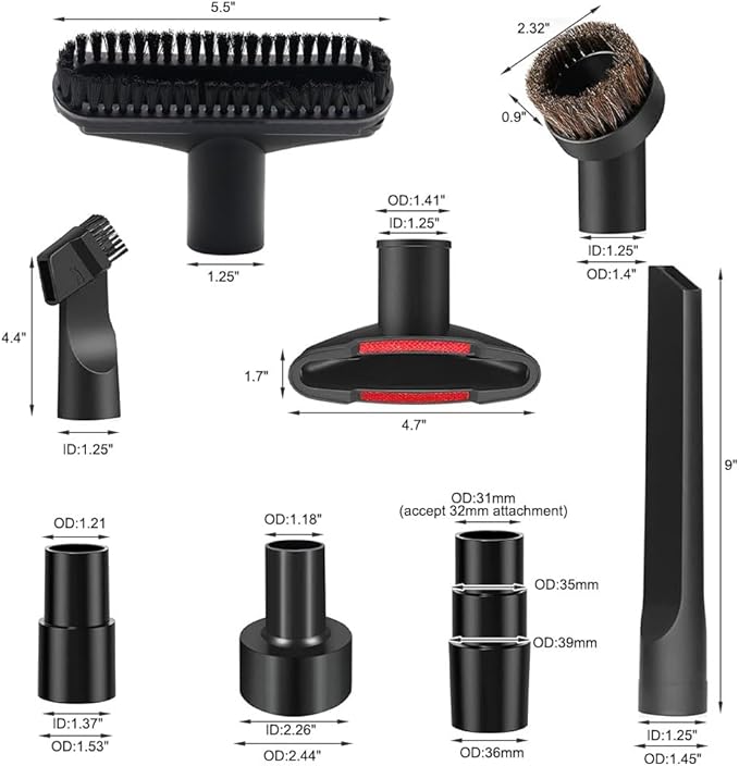 13 PCS Universal Vacuum Attachments for Shop Vac Accessories - 2 1/2" to 1 1/4" Vacuum Hose Adapter, 1 7/8" to 1" Adapter for Shop Vac, 1 1/4" Household Cleaning Vacuum Brush Attachment Kit