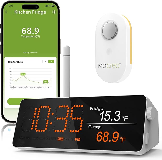 WiFi Remote Refrigerator Thermometer, 1/3 Mile Long Range Freezer Alarm, IP66 Waterproof, App Email Alert, with Digital Monitor Hub, 1 Smart Wireless Temperature Sensor for Kitchen, Fridge, RV
