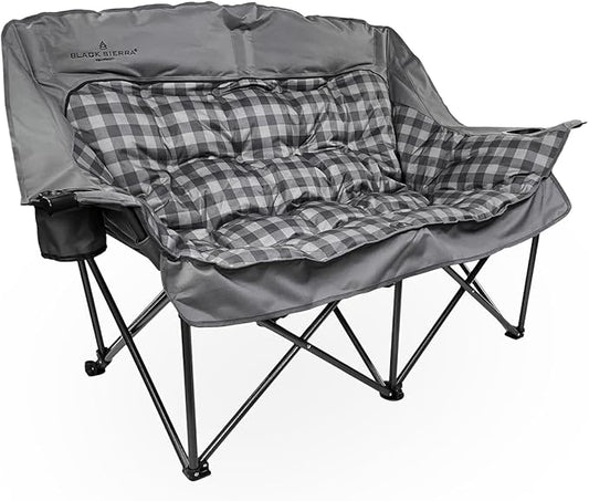 Black Sierra Double Camping Chair for Adults, Oversized Folding Loveseat Supports 600 lbs, Plush Padded Outdoor Couch with Cup Holders and Carry Bag for Beach, Patio, RV, or Tailgating Events