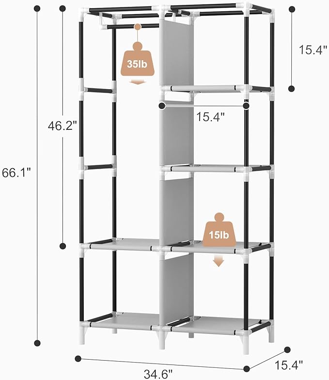 ROJASOP Portable Closet Wardrobe Closet for Hanging Clothes with 6 Storage Shelves, 1 Hanging Rod and 4 Pockets, Free Standing Closet Clothes Organizer for Bedroom, Sturdy and Easy Assemble