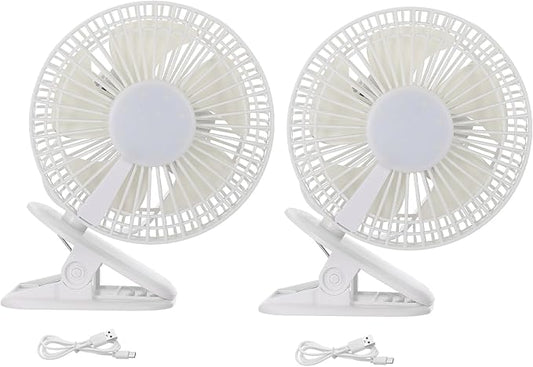 PATIKIL Portable Desk Fan, 2 Pcs Camping Fan 6 Inch with LED light 3 Speeds Strong Airflow Sturdy Clip Quiet USB Cord Powered for Tent Camping, Home and Office, White