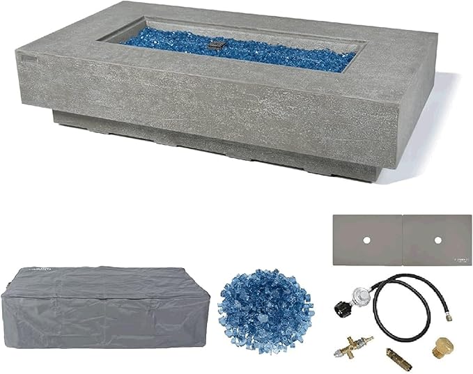 Elementi+ | Riviera Gas Fire Pit Cast Concrete 60" Rectangular Fire Table, Outdoor Fire Pit Electronic Ignition | Canvas Cover, Fire Glass and Burner Lid Included | Light Gray | Natural Gas