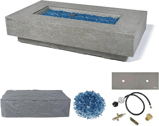 Elementi+ | Riviera Gas Fire Pit Cast Concrete 60" Rectangular Fire Table, Outdoor Fire Pit Electronic Ignition | Canvas Cover, Fire Glass and Burner Lid Included | Light Gray | Natural Gas