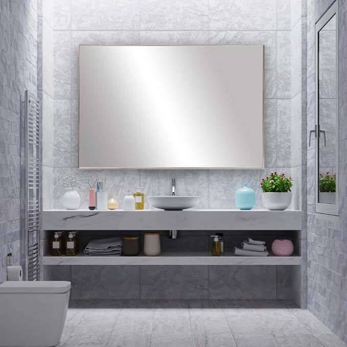 Frame My Mirror Silver Metal Framed Mirror, 20" x 48" Mirror for Bathroom, Metal Frame, True Reflections Glass, Chrome Finish, Stanton Design, Hangs Horizontally or Vertically, Made in USA