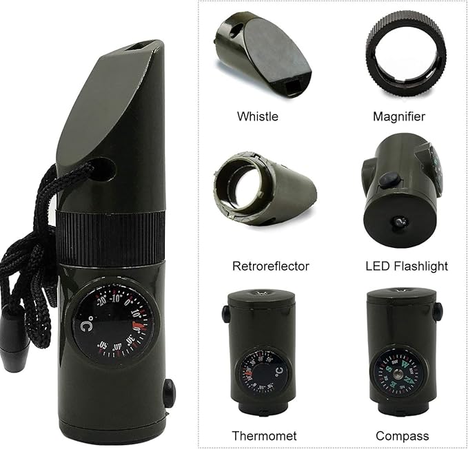 2 Pack Emergency Survival Whistle, 3-in-1 Emergency Whistles with Compass and Thermometer, Loud Safety Whistle with Lanyard for Outdoor Hiking