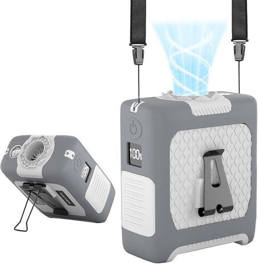 Portable Fan Wearable Personal Fan with 5 Speed Max 55 Working Hours Low Noise Portable Neck Fans Cooling Waist Fans for Camping Traveling LED Power Display 10000mAh Rechargeable (White and Gray)