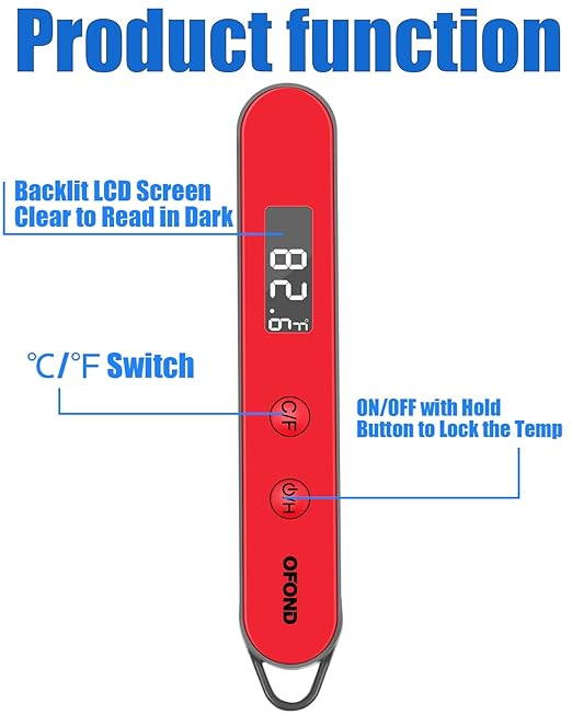 Meat Thermometer for Grill and Cooking, Instant Read Food Thermometer Battery Operated, Foldable Digital Probe, Steak Kitchen Thermometer for BBQ Oven Smoker, Store by Magnet & Hook (Red)