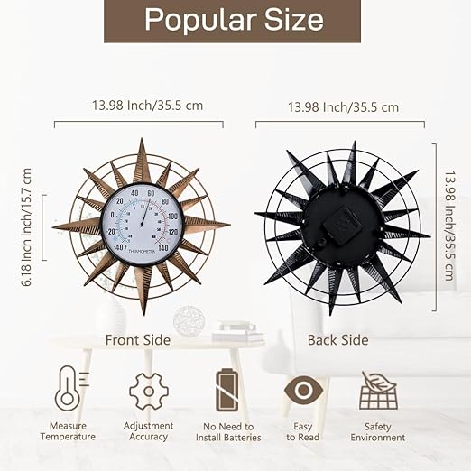 14'' Sun Outdoor Thermometer, Metal Wall-Mounted Thermometer No Need Battery, Indoor Decor for Patio Garden Living Room