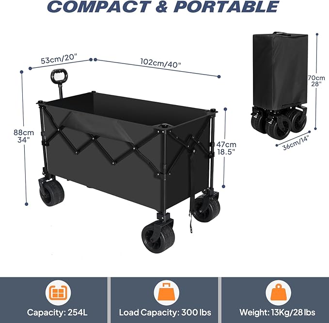 Chihee Garden Cart Collapsible Outdoor Utility Wagon Cart,Folding Beach Cart Oversized Capacity 254L,Heavy Duty Portable Wagon All Terrain Wheels Oversized Side Pocket 2 Drink Holders for Camping