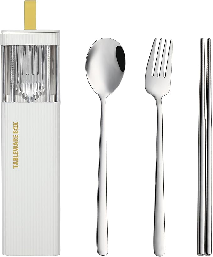 DEVICO Travel Utensils with Case, Stainless Steel Reusable Camping Silverware Set for Lunch Box, Portable Cutlery Kit Includes Fork, Spoon, Chopsticks (White)