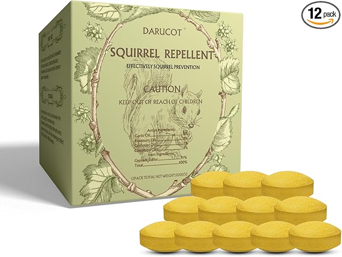 All-Natural Squirrel Repellent 12 Pcs for Outdoor & Indoor Use – Powerful Chipmunk & Rodent Deterrent for Attic, Garden, Cars, and Bird Feeders – Safe for Pets, Lasting 30-60 Days Protection