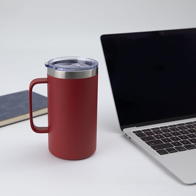 DOMICARE 24oz Mug with Handle and Lid, Stainless Steel Coffee Mug, Reusable Insulated Cup, Travel Mug with Handle, Double Wall Vacuum Coffee Tumbler for Men and Women, Dark Red, Pack 1
