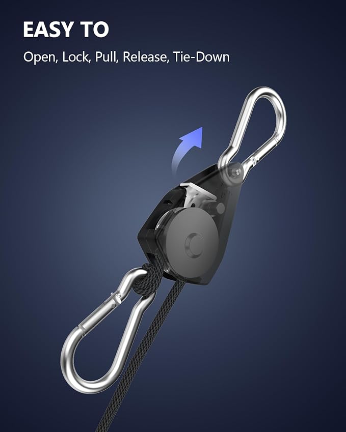 VIPARSPECTRA Retractable Heavy Duty Ratchet Tie Down Straps [2 Pack, 8ft, 75lbs/Pack], Rope Pulley System with Carabiner Hook for Hanging Plants/Grow Light/Tents Various Tie-Down Uses