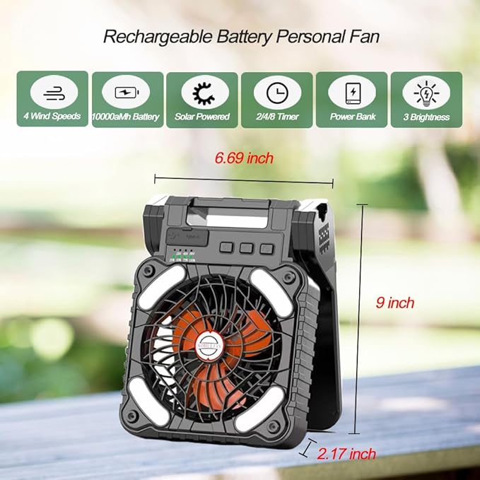 Solar Powered Camping Fan with LED Lantern,10000mAh Rechargeable Battery Operated Portable Fan,4 Speeds/Timer/Power Bank 90° Folding USB Personal Desk Fan (Black&Orange)