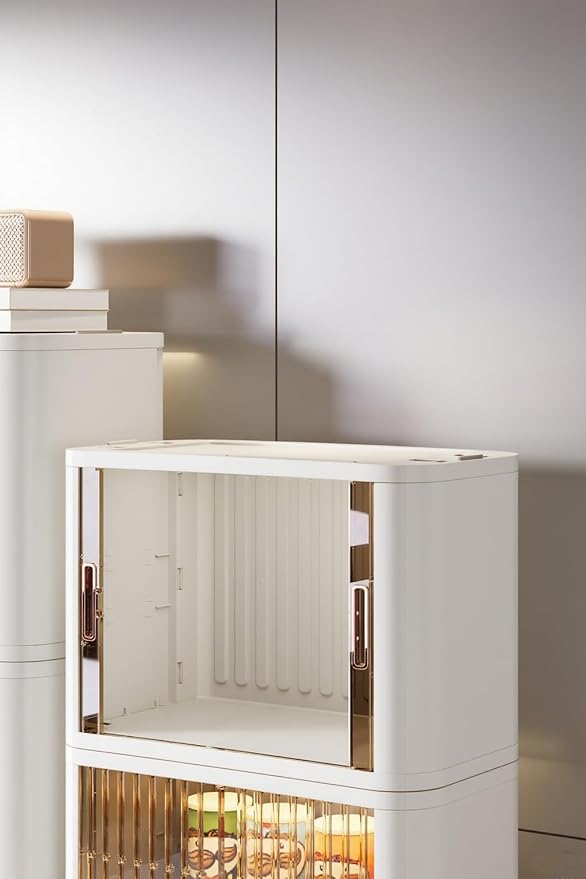 Closet Mounted Storage and Organization Systems Storage Bins with Lids and Rolling Doors Stackable Plastic Pantry Cabinet Cupboard Storage Cabinet with Sliding Door Wheels White，Large