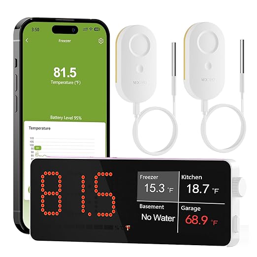 WiFi Refrigerator Thermometer Digital Freezer Alarm, Remote Email & App Alert, 2-Year Data Export, No Subscription, 2 Smart Temperature Sensors for Fridge, Freezer, Hot Tub