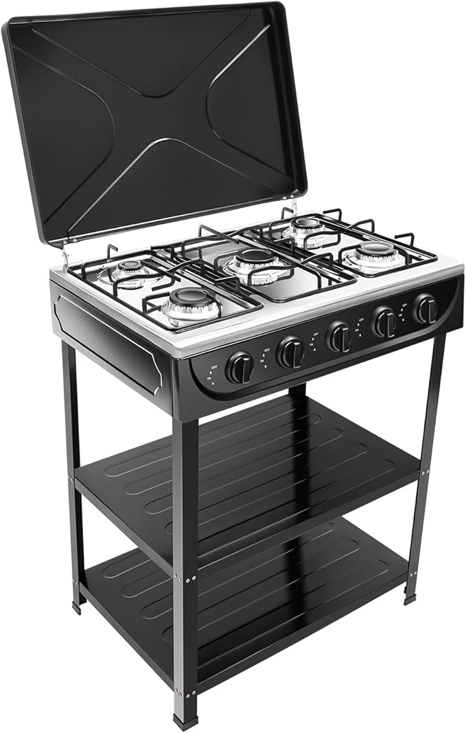 5 Burners Natural Gas Stove with Placement Boards, Portable Camping Stove with Non-Slip Bottom Feet, Propane Gas Stove for Camping Outdoor Cooking Tailgating, Black