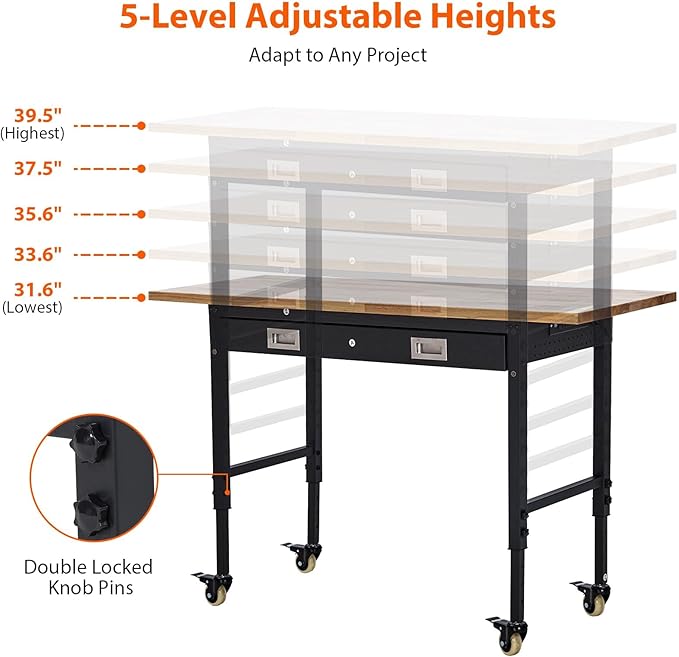 60" Work Bench, Heavy Duty Adjustable Height Table with Power Outlets, Portable Garage & Workshop Work Bench, 2000 LBS Capacity, Office, Home Use, Easy Assembly, Multipurpose Utility Table