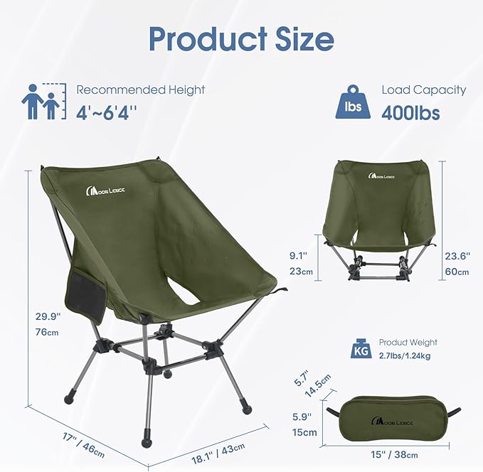 MOON LENCE Camping Chair Plus, Upgraded Comfort & Size, Still Compact and Lightweight, Folding Portable Chair for Backpacking & Hiking, 400Lbs Capacity, Gen 3 Plus (Green 2 Pack (Plus))