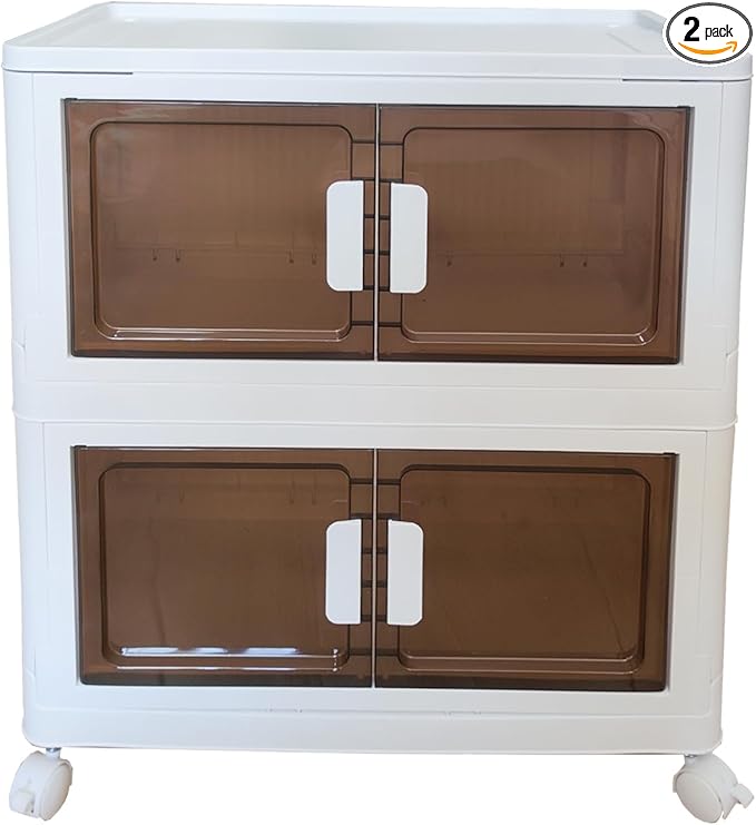 32 Gals Storage Bins with Lids - Folding Storage box with Doors and Wheels, Collapsible Plastic Storage Bins for Closets, Stackable Storage Organizer, (2 packs)