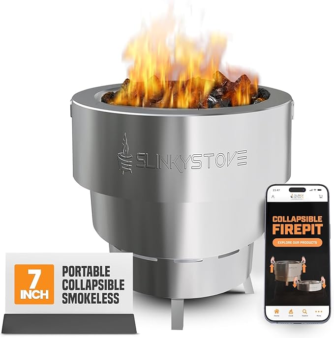 Smokeless Fire Pit for Outdoor Wood-Burning – Portable, Compact & Foldable Design for Camping, Bonfires, Tiny Cabin, Ventless Burn, Solo Pits, and Backyard Use – Stainless Steel, 7-Inch Slinky Stove