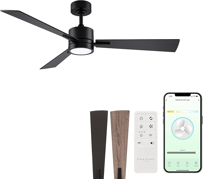 Bali Smart 3-Blade 42in Ceiling Fan 2700K-6000K CCT Selectable LED Light Kit with Remote Control and Black Hardware with Reversible Blades in Weathered Wood or Black Works With iOS or Android App