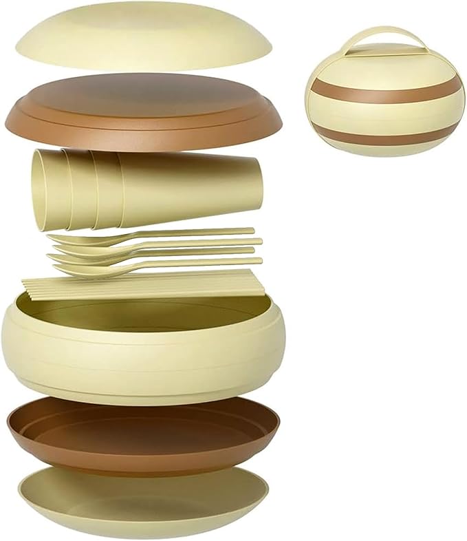 Camping Dishes Picnic Set, Camping Plates Cups and Bowls Set with Chopsticks and Spoons, BPA Free, 17PCS Portable Plastic Reusable Cutlery Set for 4, Portable Small Size, Not Microwave/Dishwasher Safe