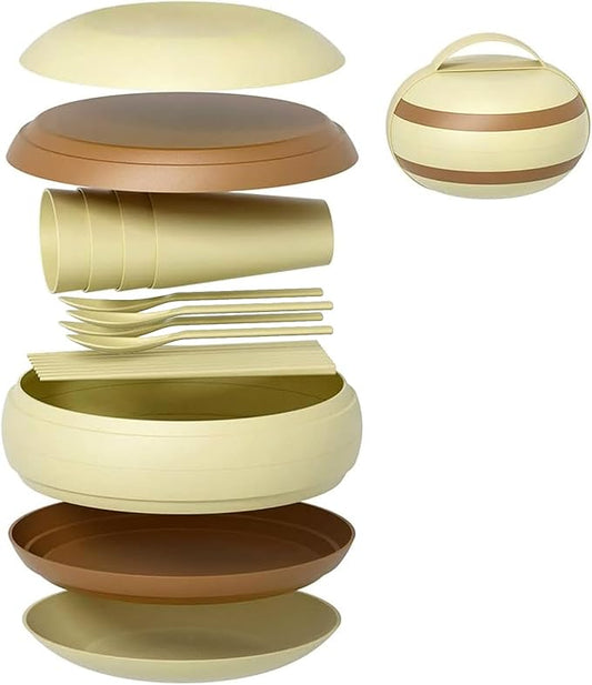 Camping Dishes Picnic Set, Camping Plates Cups and Bowls Set with Chopsticks and Spoons, BPA Free, 17PCS Portable Plastic Reusable Cutlery Set for 4, Portable Small Size, Not Microwave/Dishwasher Safe