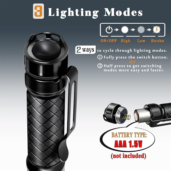 Mini Flashlight 3 Modes Small Flashlights LED Powerful High Lumens Tactical Pen Light with Clip,Slim Portable Pocket Compact Torch for Emergency Inspection AAA Battery Water-Resistant(3.4 & 5.2 inch)