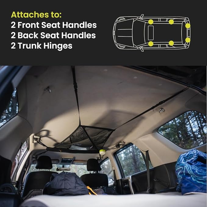 LUNO Ceiling Cargo Net - Car Roof Storage w/Multiple Pockets, Hangout Loops & Tab Pocket for Long Road Trip & Camping - 36" x 52" Car Camping Essentials Organizer for SUV - XL