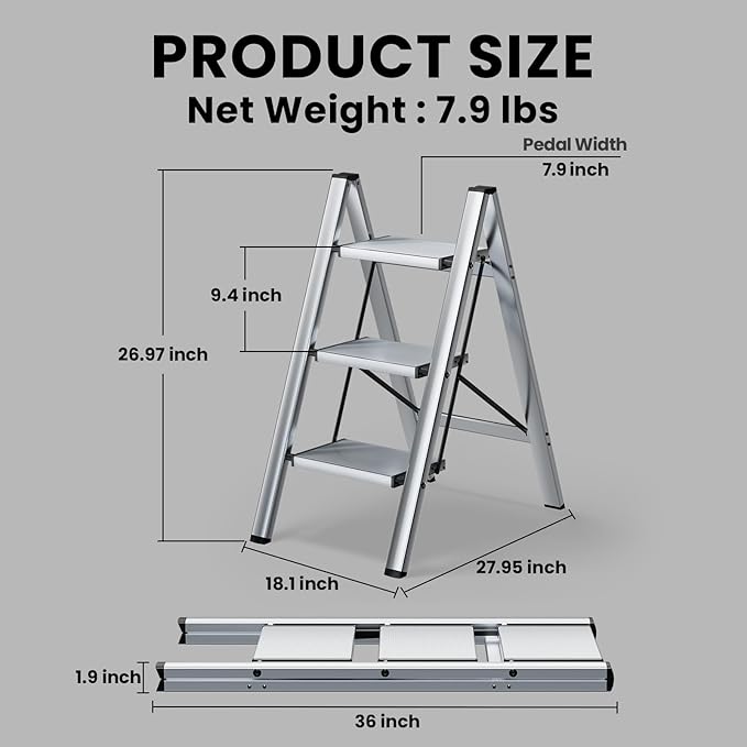 HillhutApex 3 Step Stool, Aluminum Foldable Step Ladder, Lightweight Stable Stool with Wide Non-Slip Pedals, 330lbs Bearing Capacity Ladder for Office,Home,Kitchen - Silver