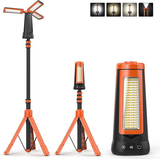 Rechargeable Camping Light with Stand 7ft Max Height, 15000mAh Portable Cordless LED Work Light, 5500 Lumen 6500/4500/3500K Dimmable Emergency Flashlight with Detachable Tripod, Orange