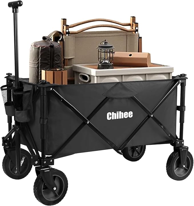 Chihee Folding Wagon Cart Garden Cart Heavy-Duty with 2 Cup Holders,Camp Cart for Gimballed Wheels with Braking System Large Capacity Removable Fabric,for Sporting Events,Camping,Beach Trips