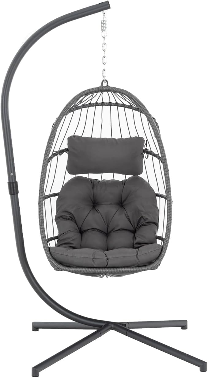 Yechen Indoor Outdoor Egg Hanging Chair with Stand, Patio Wicker Swing Egg Chair Indoor Swinging Chair Outdoor Hammock Egg Chair 350lbs Capacity for Patio Bedroom Balcony, Charcoal Grey (EG-001)