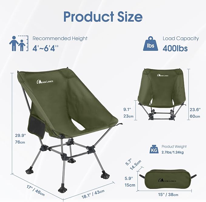 MOON LENCE Camping Chair Plus, Upgraded Comfort & Size, Still Compact and Lightweight, Folding Portable Chair for Backpacking & Hiking, 400Lbs Capacity, Gen 3 Plus (Green with Groundgrip Feet (Plus))