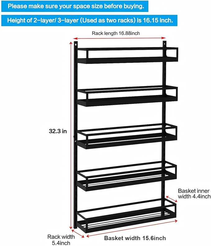 X-cosrack Wall Mount Spice Rack Organizer 5 Tier Height-Adjustable Hanging Spice Shelf Storage for Kitchen Pantry Cabinet, Dual-Use Seasoning Holder Rack with Hooks, Black-Patented