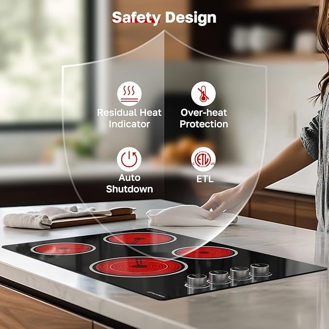 ThermoMate 30 Inch Electric Cooktop, 4 Burners Knob Control Built-in Ceramic Cooktop, 30" Radiant Electric Stove Top of 6700W with 9 Heat Levels, Hot Surface Indicator, 220-240v, Hard Wired