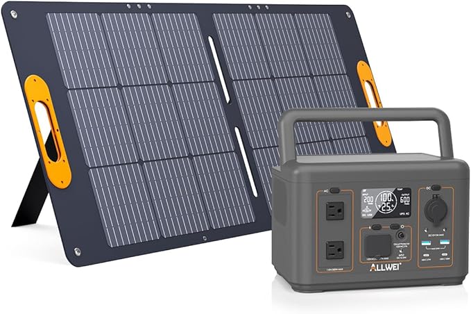 ALLWEI 500W Solar Generator with 100W Solar Panel, 512Wh LiFePO4 Portable Power Station with AC Outlets(1000W Surge), Battery Generator for RVs Outdoor Camping CPAP Home Backup Power Outage