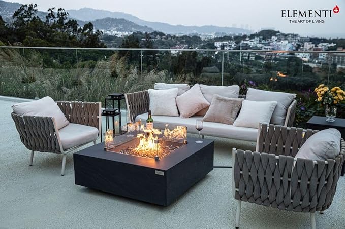 Elementi+ | Bundle Roraima Gas Fire Pit Cast Concrete 40" Square Fire Table, Outdoor Fire Pit Electronic Ignition | Canvas Cover, Fire Glass and Burner Lid Included | Dark Gray | Natural Gas