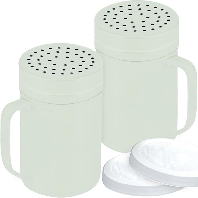 CUSINIUM 14oz Sage Stainless Steel Salt Pepper Dredge Shakers - With Plastic Cap - With Handle - Pack of 2