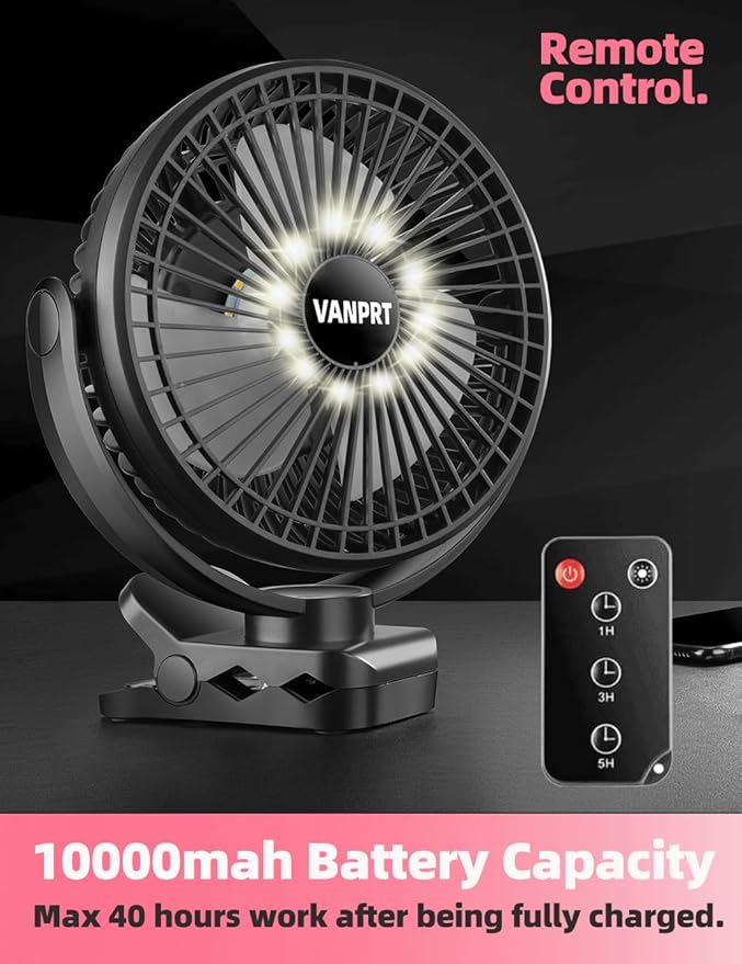 8'' Rechargeable Portable Hanging RV Tent Clip fan with Remote, 10000mAh Camping Fan, 3 Speed, Max 40 Hours Working Time, with LED light and Timer, 720°Rotation, as Emergency Power - Black