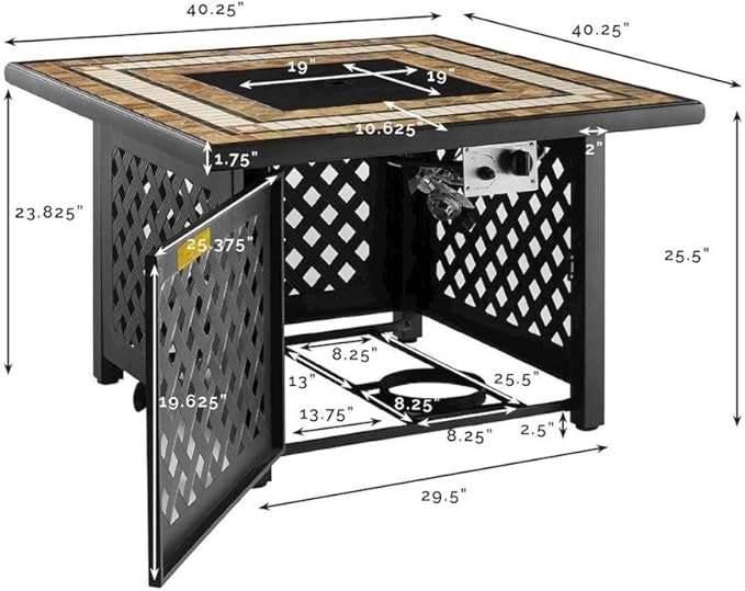 Brown Fire Pit Table with Tiled Top, Beads, and Covers – Propane Backyard Fireplace and Patio Furniture with Hidden Tank Storage