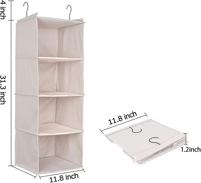 Hanging Closet Organizer and Storage, Foldable 4-Shelf Wardrobe Clothes Shelves Organizer, Imitation Linen Fabric, Beige Houndstooth