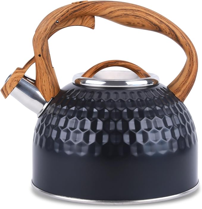 GGC 3L Loud Whistling Tea Kettle for Stove Top, Stainless Steel Kettle with Wood Pattern Handle for Boiling Water Milk or Coffee, Unique Button Control Kettle Outlet, Premium Black Kettle with a towel