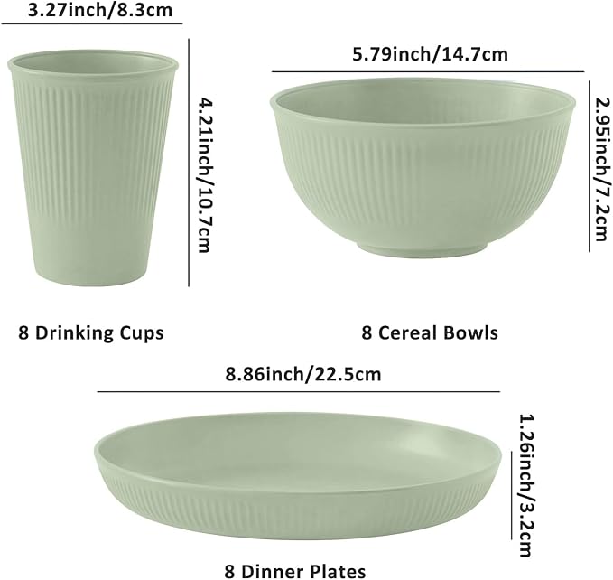 24pcs Wheat Straw Dinnerware Sets For 8, Unbreakable Plates and Bowls Wheat Straw Dinnerware Microwavable Cups Plates and Bowls Sets Shatterproof For Outdoor Kitchen Camping