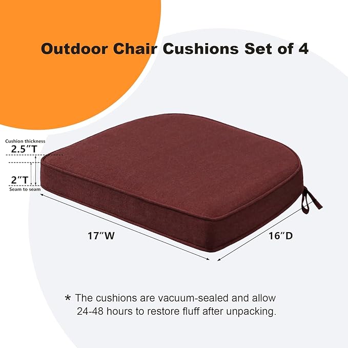 Sunbrella Round Corner Seat Cushions, 17" x 16" x 2", Set of 4, Indoor Outdoor Water Repellent Universal Chair Pads with Ties for Patio Furniture, Garden Dining Chairs, Spectrum Brick